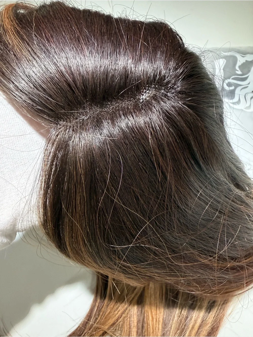 HAIR, 24” Straight Topper, Whispy bangs, Center Part, Brown Carmel Highlights